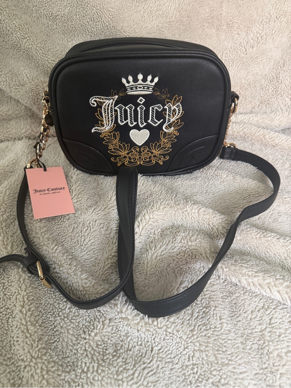 Juicy Couture Black Crossbody Bag with Gold & White Embroidery